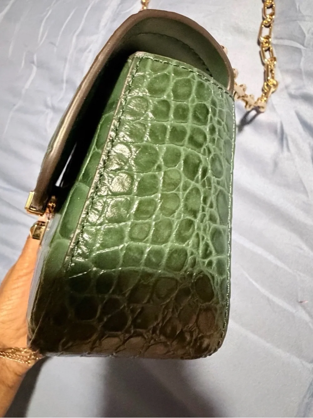 New Michael Kors Green Croc-Embossed Small Crossbody with Gold Chain